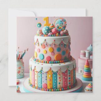FARBHAFTER POLKA HUNDERT KUCHEN 1. GEBURTSTAG EINLADUNG