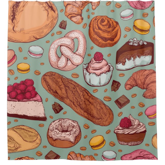 Farbhandgezeichnete Bäckerei im Stil einer Skizze. Duschvorhang (Vorderseite)