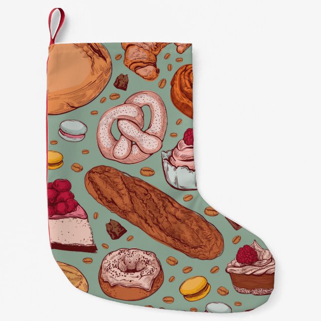 Farbhandgezeichnete Bäckerei im Stil einer Skizze. Kleiner Weihnachtsstrumpf (Vorderseite)