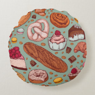 Farbhandgezeichnete Bäckerei im Stil einer Skizze. Rundes Kissen