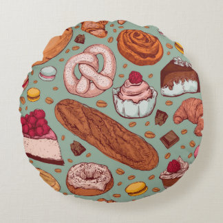 Farbhandgezeichnete Bäckerei im Stil einer Skizze. Rundes Kissen