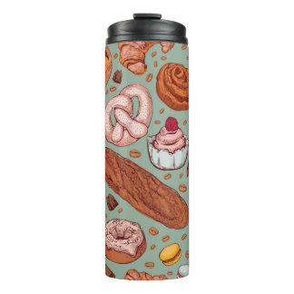 Farbhandgezeichnete Bäckerei im Stil einer Skizze. Thermosbecher