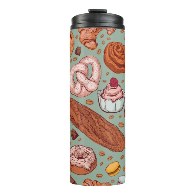 Farbhandgezeichnete Bäckerei im Stil einer Skizze. Thermosbecher (Vorderseite)
