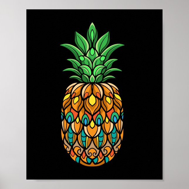 farbig-Ananas-Frucht-Mandala-kunst-abgeschieden Poster (Vorne)