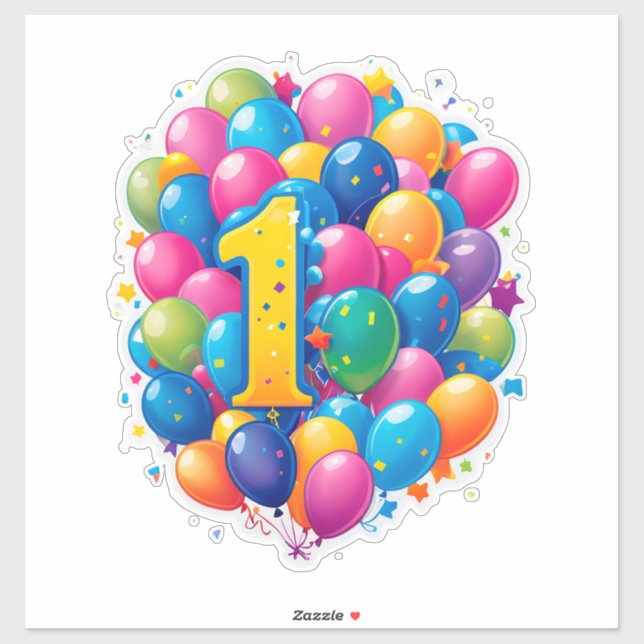 Farbige 1. Geburtstagsfeier mit Ballons Aufkleber (Blatt)
