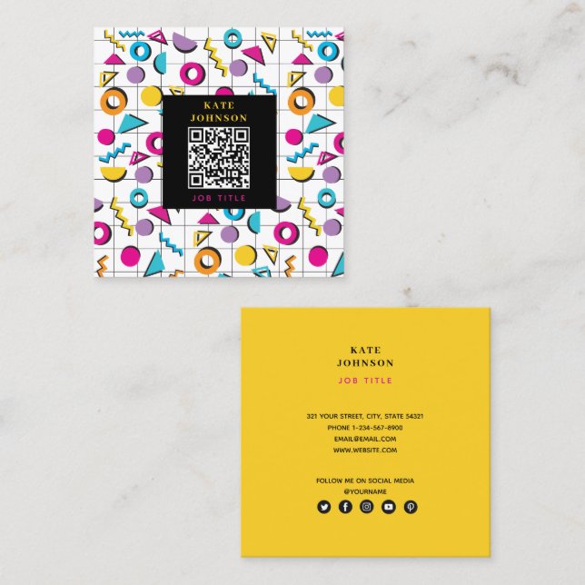 Farbige 80er Jahre Retro Geometric QR Code Quadratische Visitenkarte (Vorne/Hinten)