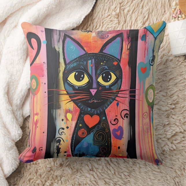 Farbige Abstrakt-gelbe Mit Augen Katze Kissen (Decke)