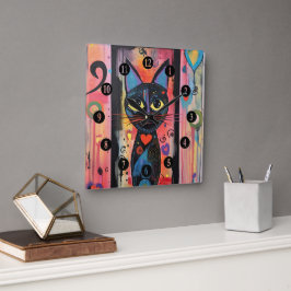 Farbige Abstrakt-gelbe Mit Augen Katze Quadratische Wanduhr