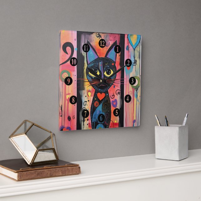 Farbige Abstrakt-gelbe Mit Augen Katze Quadratische Wanduhr (Büro)