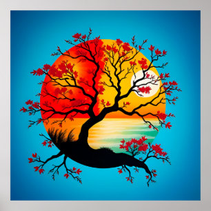Farbige abstrakte Baum-Silhouette bei Sonnenunterg Poster
