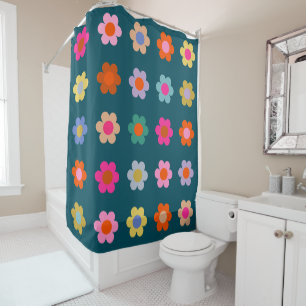 Farbige Abstrakte Blume Navy Blue Retro Floral Duschvorhang