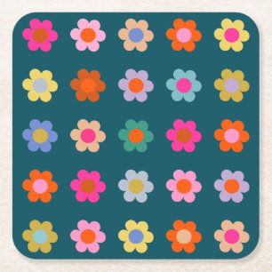 Farbige Abstrakte Blume Navy Blue Retro Floral Rechteckiger Pappuntersetzer