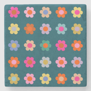 Farbige Abstrakte Blume Navy Blue Retro Floral Steinuntersetzer