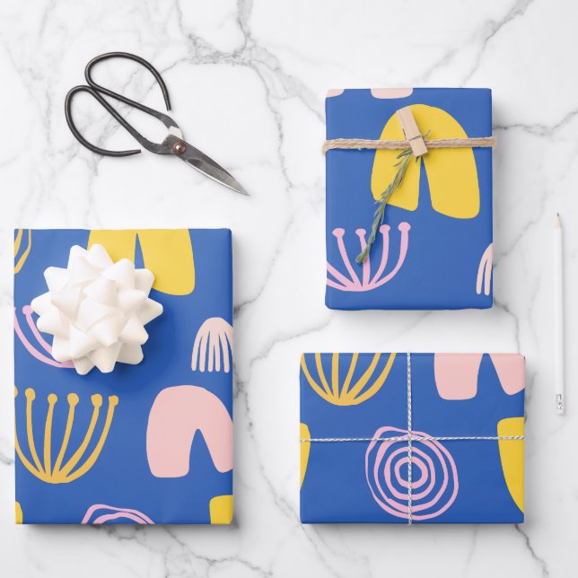Farbige Abstrakte Formen Collage Design in Blau Geschenkpapier Set (Vorderseite)