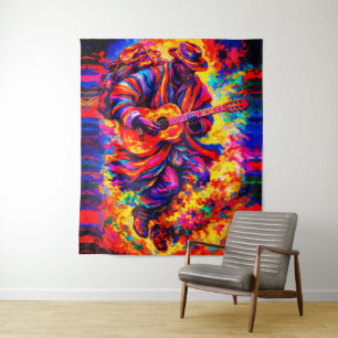 Farbige abstrakte Gitarrenspieler-Duo-Impasto Wandteppich