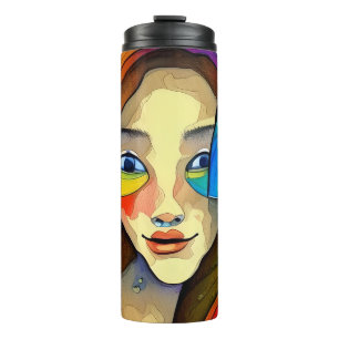 Farbige abstrakte Kunst hübsches Mädchen Thermosbecher