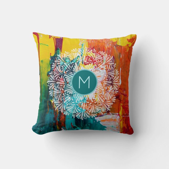 Farbige Abstrakte Kunst mit Mandala und Monogram Kissen (Vorderseite)
