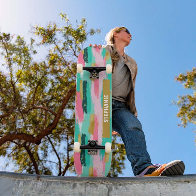 Farbige Abstrakte Pinselstriche - Minze & Rosa (4) Skateboard (Außen 1)