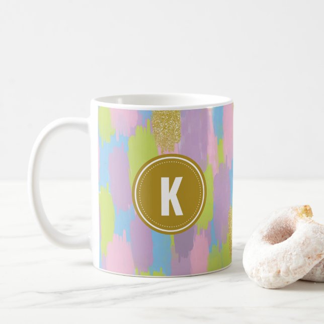 Farbige Abstrakte Pinselstriche Muster Monogramm Kaffeetasse (Mit Donut)