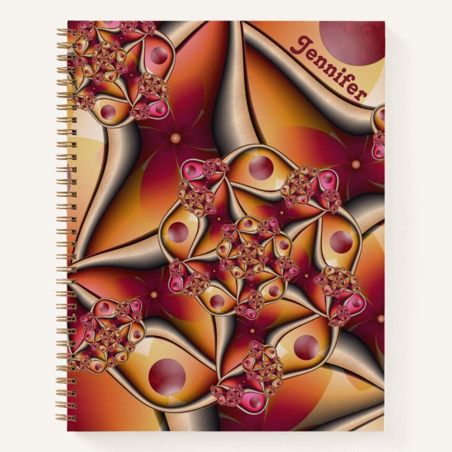 Farbige Abstrakte Red Orange Fantasy Fraktal Name Notizbuch (Vorderseite)