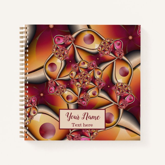 Farbige Abstrakte Red Orange Fantasy Fraktal Name Notizbuch (Vorderseite)