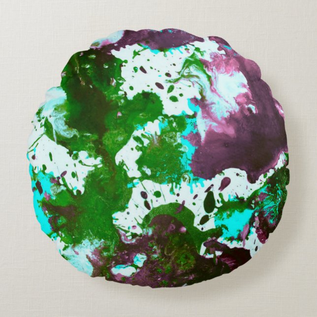 Farbige Abstrakte Spritzer Paint Green und Lila Rundes Kissen (Vorderseite)