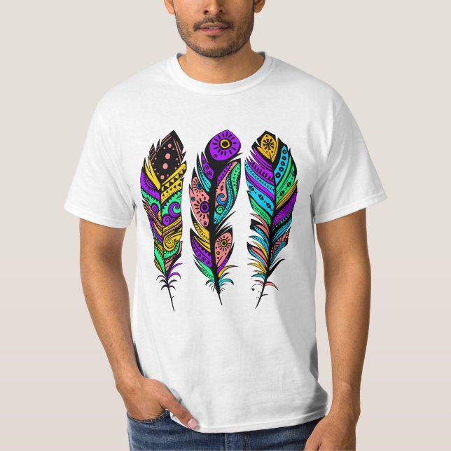 Farbige Abstrakte Tribal Feathers Illustration T-Shirt (Vorderseite)