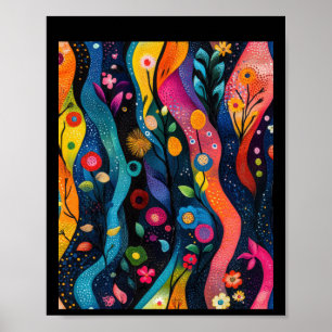 Farbige abstrakte Wellen mit Blumen und Pflanzen. Poster