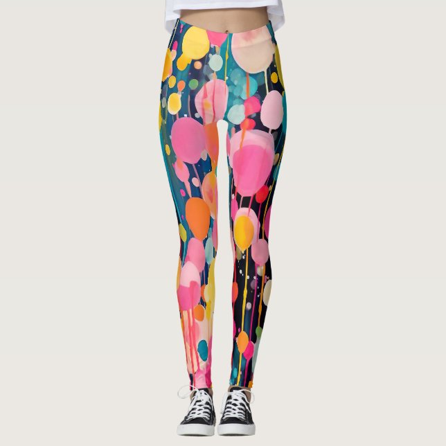 farbige Akrylmalereidoten auf schwarzem Boden Leggings (Vorderseite)