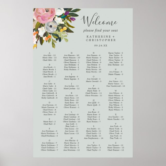 Farbige alphabetische Sitzkarte mit Blumen Poster (Vorne)