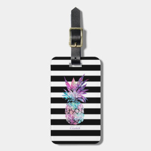 Farbige Ananas auf Streifen - Personalisiert Gepäckanhänger
