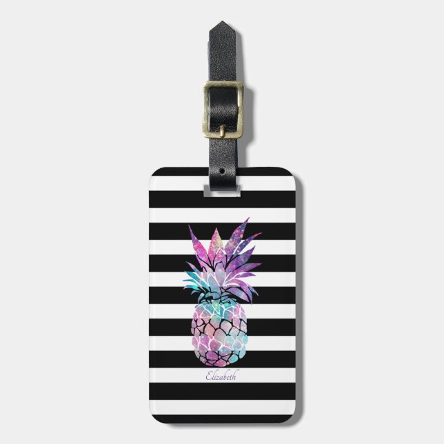Farbige Ananas auf Streifen - Personalisiert Gepäckanhänger (Vorderseite vertikal)