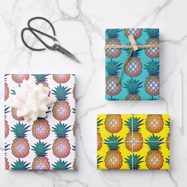 Farbige Ananas Geschenkpapier Set (Vorderseite)