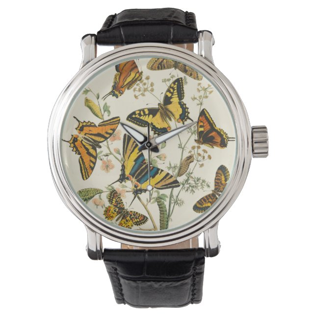 Farbige Ansammlung von Schmetterlingen und Raupen Armbanduhr (Vorderseite)