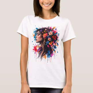 Farbige Aquarell-Blumen-Frauen-Kunst T-Shirt