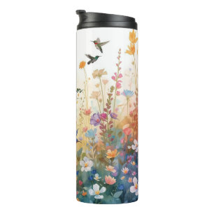 Farbige Aquarell-Blumen-Vögel Kolibri Harmonie Thermosbecher