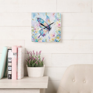 Farbige Aquarell-Schmetterlings-Blumen Quadratische Wanduhr