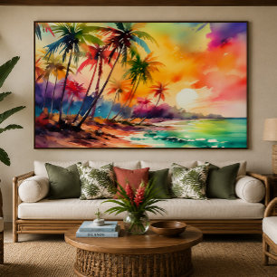 Farbige Aquarell-Sonnenuntergang-Tropen-XL-Kunst Leinwanddruck