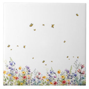 Farbige Aquarell-Wildblume mit Schmetterling Fliese