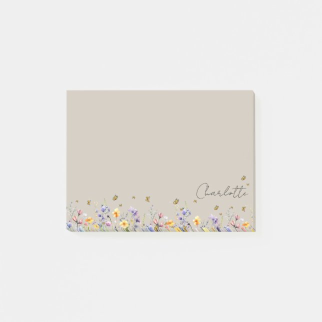 Farbige Aquarell-Wildblume mit Schmetterling Post-it Klebezettel (Vorderseite)