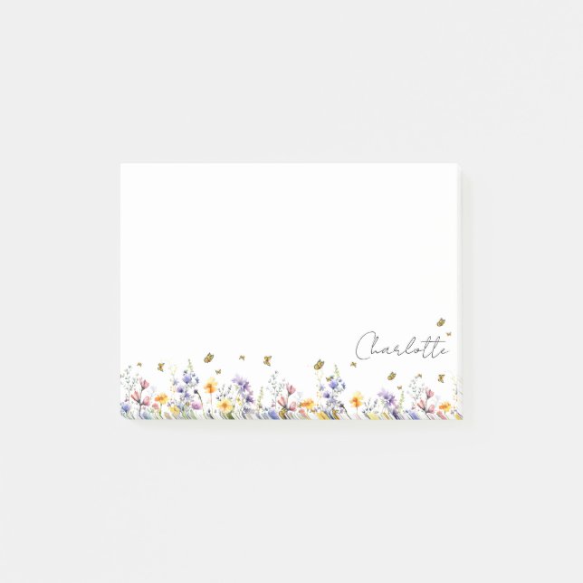 Farbige Aquarell-Wildblume mit Schmetterling Post-it Klebezettel (Vorderseite)