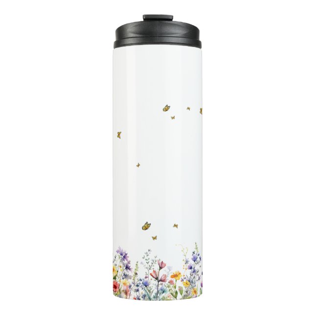Farbige Aquarell-Wildblume mit Schmetterling Thermosbecher (Vorderseite)