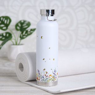 Farbige Aquarell-Wildblume mit Schmetterling Trinkflasche