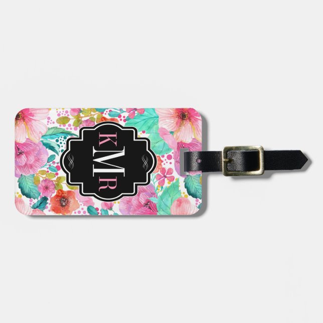 Farbige Aquarellfarben Blume Monogramm Gepäckanhänger (Vorderseite horizontal)