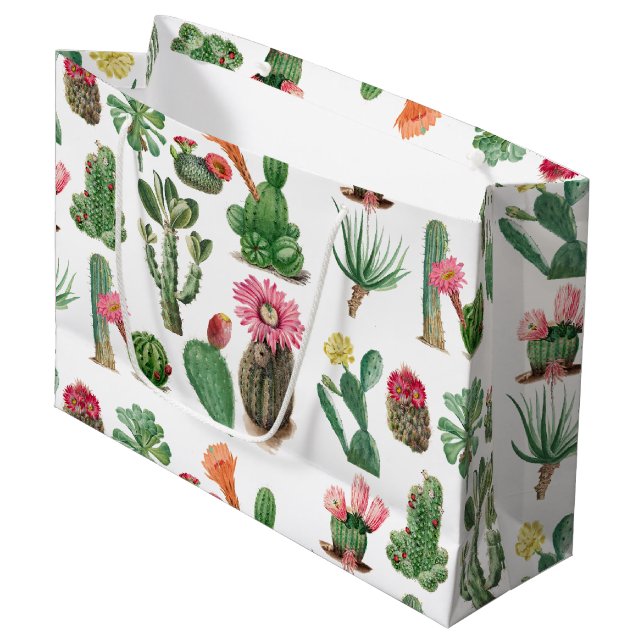 Farbige Aquarellkaktus und Sukkulenten Blume Große Geschenktüte (Vorderseite Schrägansicht)