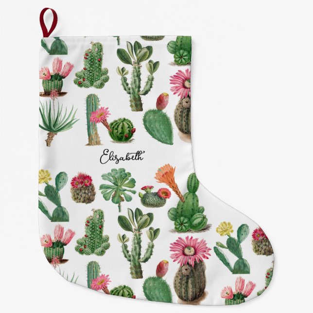 Farbige Aquarellkaktus und Sukkulenten Blume Großer Weihnachtsstrumpf (Vorderseite)