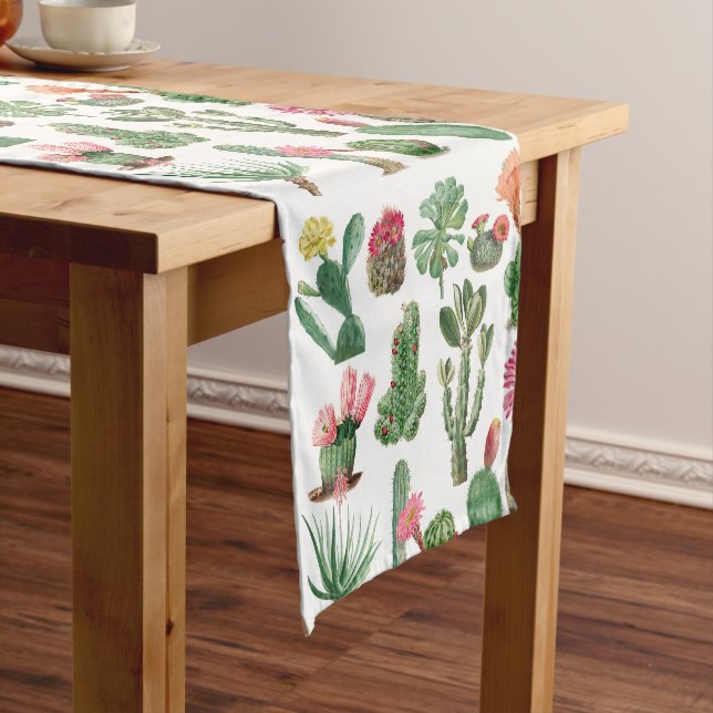 Farbige Aquarellkaktus und Sukkulenten Blume Kurzer Tischläufer (Beispiel)