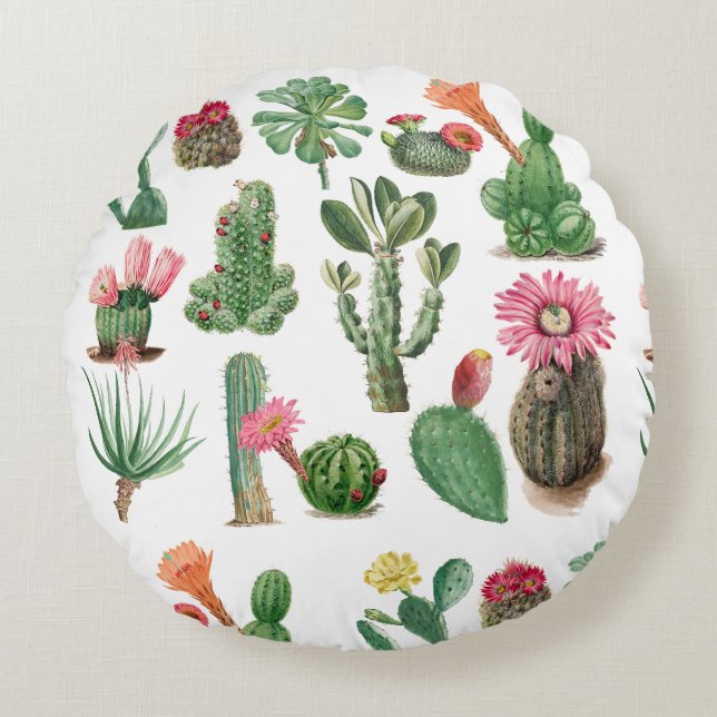 Farbige Aquarellkaktus und Sukkulenten Blume Rundes Kissen (Vorderseite)