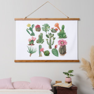 Farbige Aquarellkaktus und Sukkulenten Blume Wandteppich Mit Holzrahmen