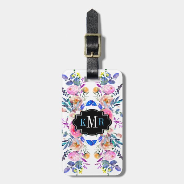 Farbige Aquarelltöne Blumendesign Monogram Gepäckanhänger (Vorderseite vertikal)